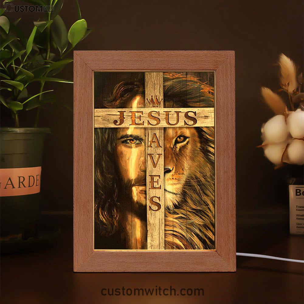 Lion Of Judah Wooden Cross Jesus Saves Frame Lamp - Lion Frame Lamp Print - Christian Art - Religious Home Decor
