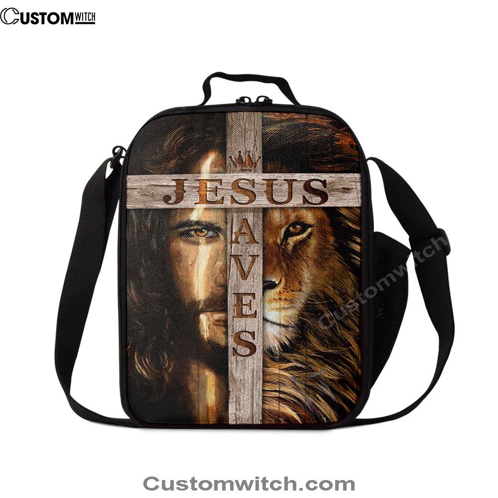Lion Of Judah Wooden Cross Jesus Saves Lunch Bag - Lion Lunch Bag, Bible Verse Lunch Bag For Men And Women