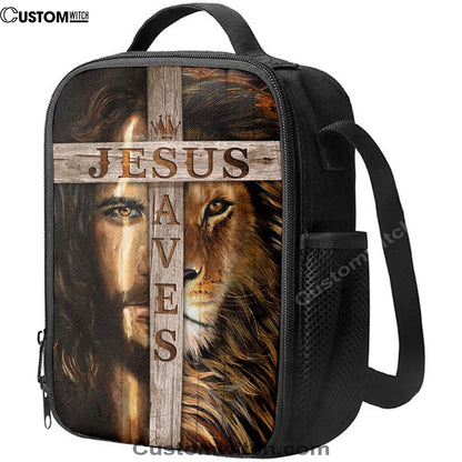 Lion Of Judah Wooden Cross Jesus Saves Lunch Bag - Lion Lunch Bag, Bible Verse Lunch Bag For Men And Women