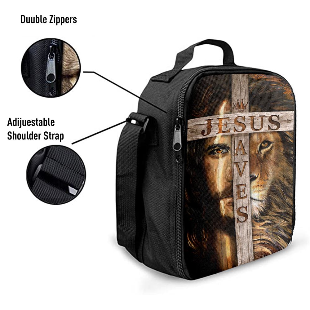 Lion Of Judah Wooden Cross Jesus Saves Lunch Bag - Lion Lunch Bag, Bible Verse Lunch Bag For Men And Women