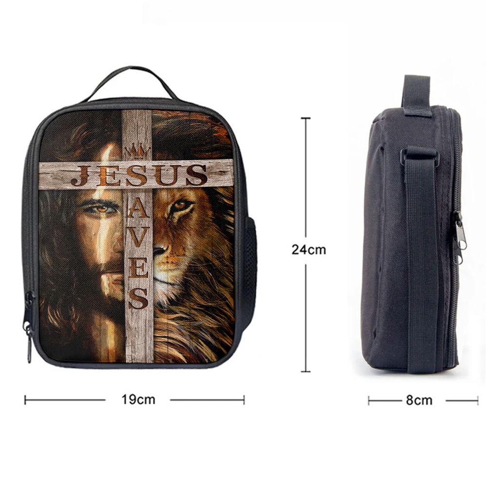 Lion Of Judah Wooden Cross Jesus Saves Lunch Bag - Lion Lunch Bag, Bible Verse Lunch Bag For Men And Women
