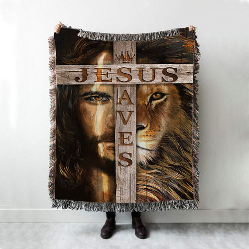 Lion Of Judah Wooden Cross Jesus Saves Woven Blanket - Lion Woven Blanket Print - Christian Throw Blanket - Religious Home Decor