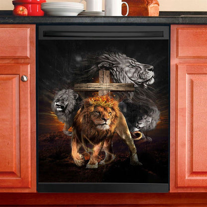Lion Of Judah Wooden Cross Jesus The Lord Dishwasher Cover, Lion Dishwasher Wrap, Christian Kitchen Decoration