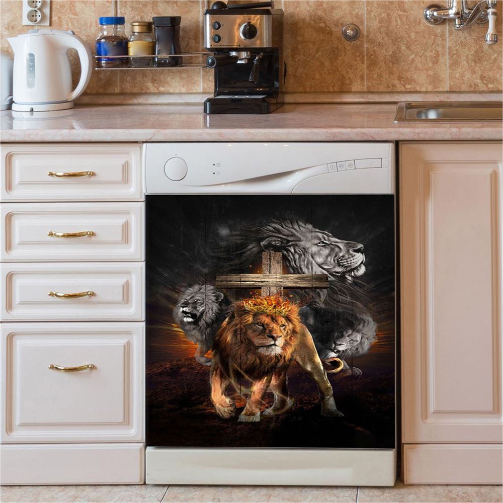 Lion Of Judah Wooden Cross Jesus The Lord Dishwasher Cover, Lion Dishwasher Wrap, Christian Kitchen Decoration
