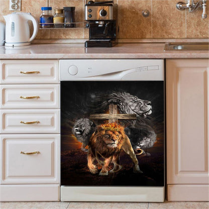 Lion Of Judah Wooden Cross Jesus The Lord Dishwasher Cover, Lion Dishwasher Wrap, Christian Kitchen Decoration
