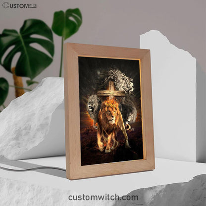 Lion Of Judah Wooden Cross Jesus The Lord Frame Lamp - Lion Frame Lamp Print - Christian Art - Religious Home Decor