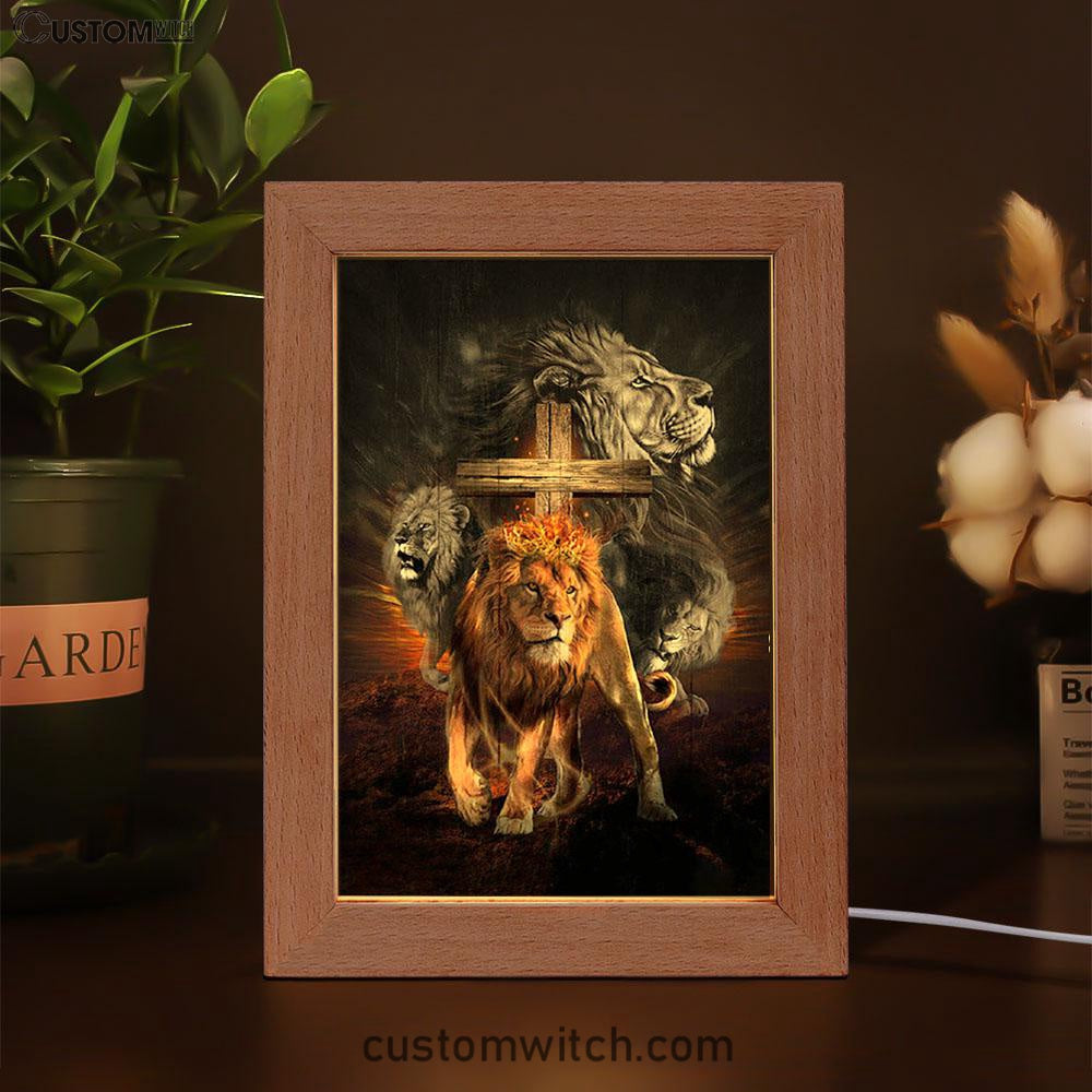 Lion Of Judah Wooden Cross Jesus The Lord Frame Lamp - Lion Frame Lamp Print - Christian Art - Religious Home Decor