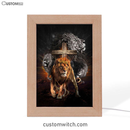 Lion Of Judah Wooden Cross Jesus The Lord Frame Lamp - Lion Frame Lamp Print - Christian Art - Religious Home Decor