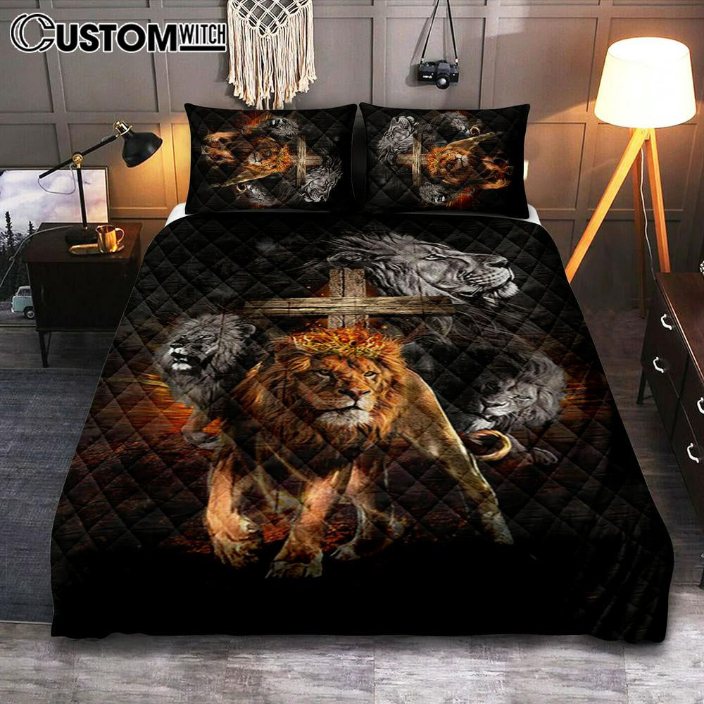 Lion Of Judah Wooden Cross Jesus The Lord Quilt Bedding Set - Lion Quilt Bedding Set Print - Christian Bedroom - Religious Home Decor