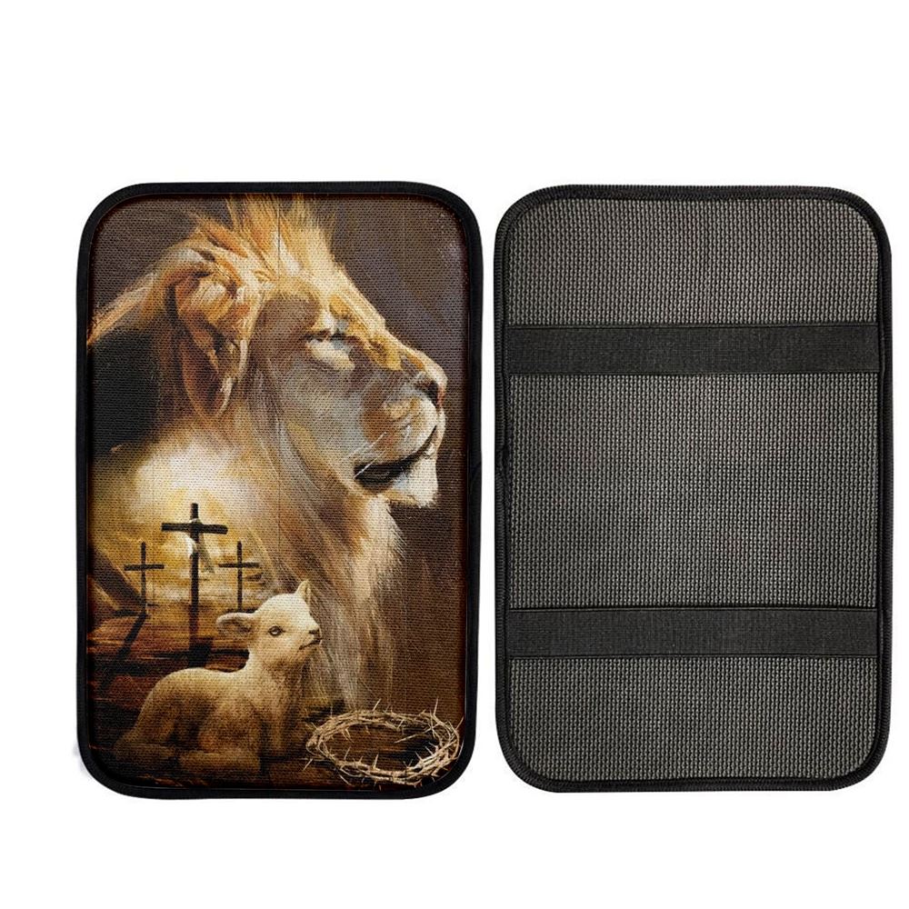 Lion Painting, Lamb Drawing, Cross, Lion Of Judah Car Center Console Cover, Car Armrest Pad, Christian Gift, Armrest Box Mat