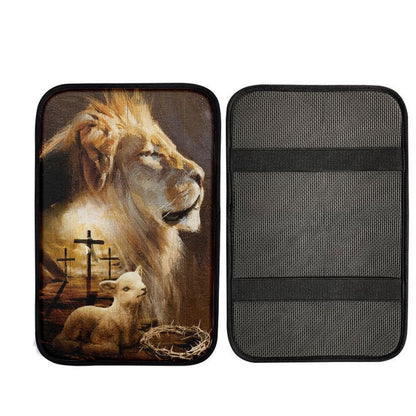 Lion Painting, Lamb Drawing, Cross, Lion Of Judah Car Center Console Cover, Car Armrest Pad, Christian Gift, Armrest Box Mat