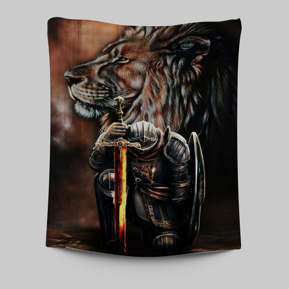 Lion & Prayer Warrior Tapestry Wall Art - Christian Wall Tapestry - Religious Tapestries Wall Hanging Prints