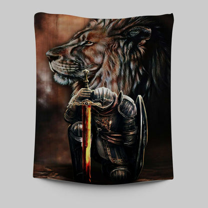 Lion & Prayer Warrior Tapestry Wall Art - Christian Wall Tapestry - Religious Tapestries Wall Hanging Prints