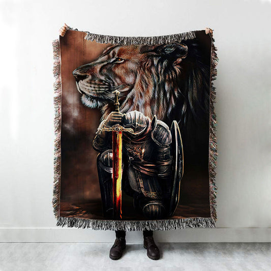 Lion & Prayer Warrior Woven Throw Blanket - Christian Wall Woven Blanket - Religious Woven Blanket Prints