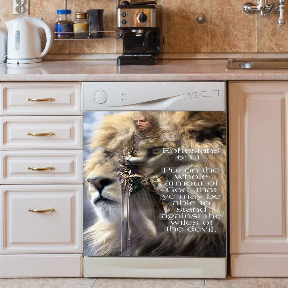 Lion Put On The Armor Of God Dishwasher Cover, Lion Dishwasher Wrap, Christian Inspirational Kitchen Decoration