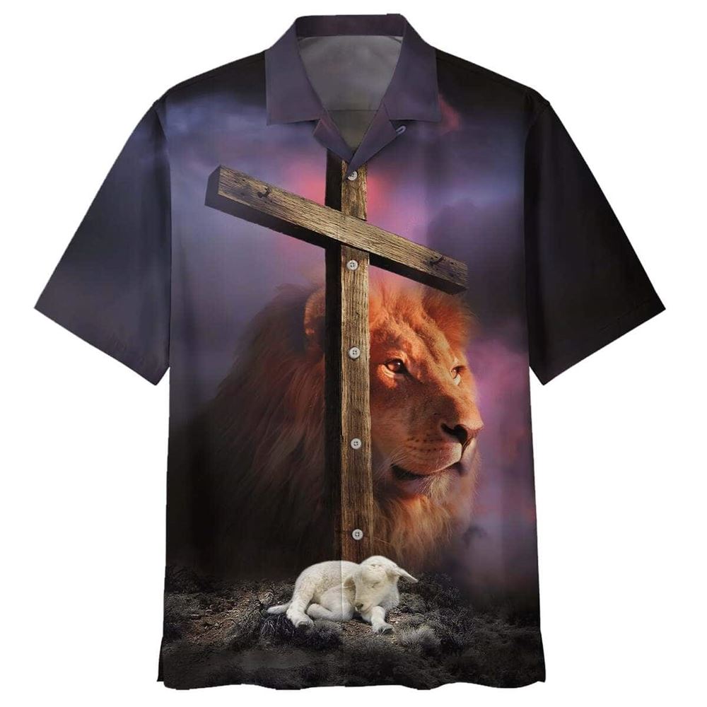 Lion Sheep Wooden Cross Hawaiian Shirt For Men, Christian Hawaiian Shirt, Gift For Christian