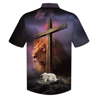 Lion Sheep Wooden Cross Hawaiian Shirt For Men, Christian Hawaiian Shirt, Gift For Christian