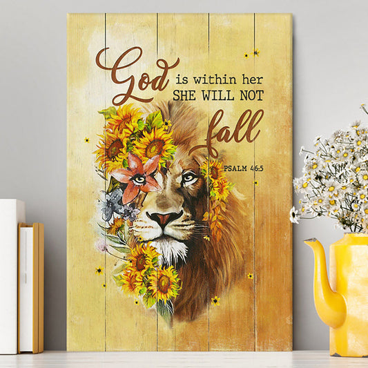 Lion Sunflower God Is Within Her She Will Not Fall Canvas Wall Art - Christian Canvas Prints - Bible Verse Canvas Art