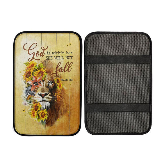 Lion Sunflower God Is Within Her She Will Not Fall Car Center Console Cover, Religious Car Interior Accessories