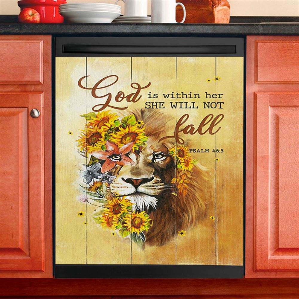 Lion Sunflower God Is Within Her She Will Not Fall Dishwasher Cover, Christian Dishwasher Wrap, Bible Verse Kitchen Decoration