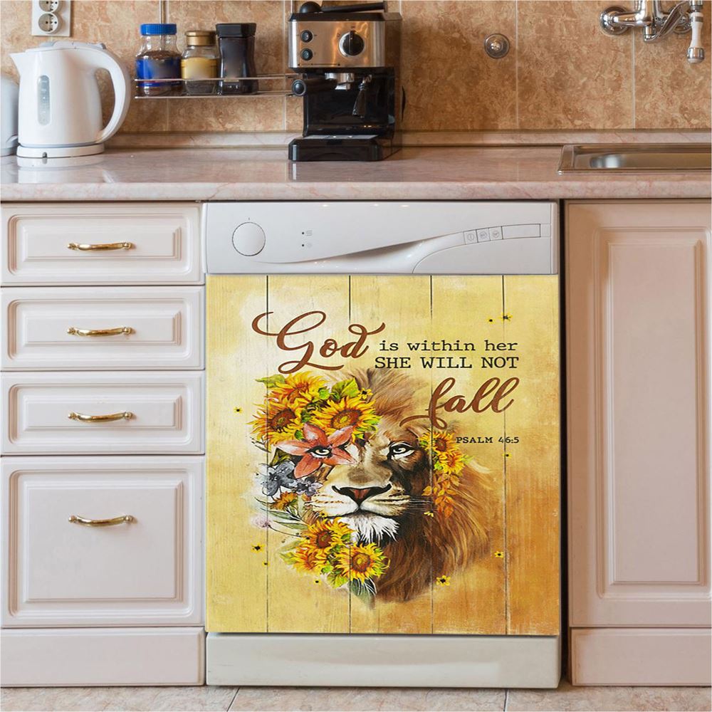 Lion Sunflower God Is Within Her She Will Not Fall Dishwasher Cover, Christian Dishwasher Wrap, Bible Verse Kitchen Decoration