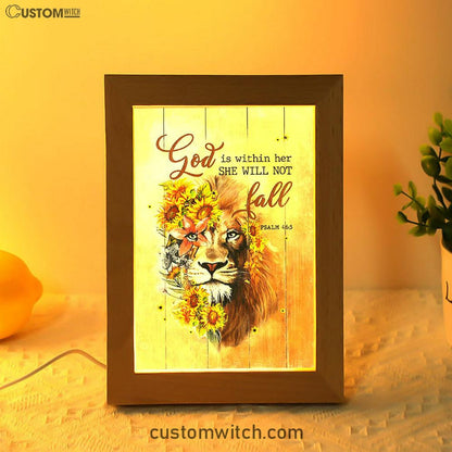 Lion Sunflower God Is Within Her She Will Not Fall Frame Lamp Art - Christian Night Light - Bible Verse Wooden Lamp