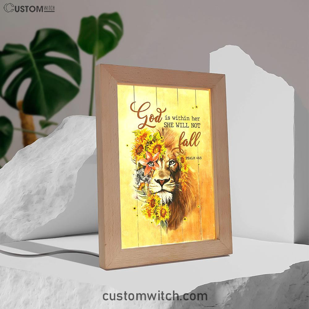 Lion Sunflower God Is Within Her She Will Not Fall Frame Lamp Art - Christian Night Light - Bible Verse Wooden Lamp