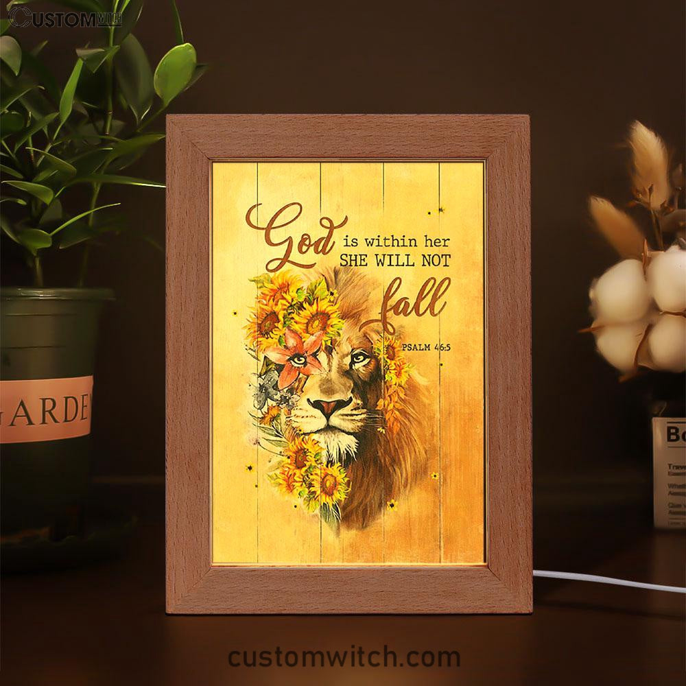 Lion Sunflower God Is Within Her She Will Not Fall Frame Lamp Art - Christian Night Light - Bible Verse Wooden Lamp
