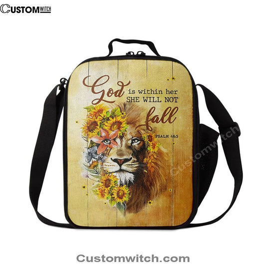 Lion Sunflower God Is Within Her She Will Not Fall Lunch Bag, Bible Verse Lunch Bag For Men And Women