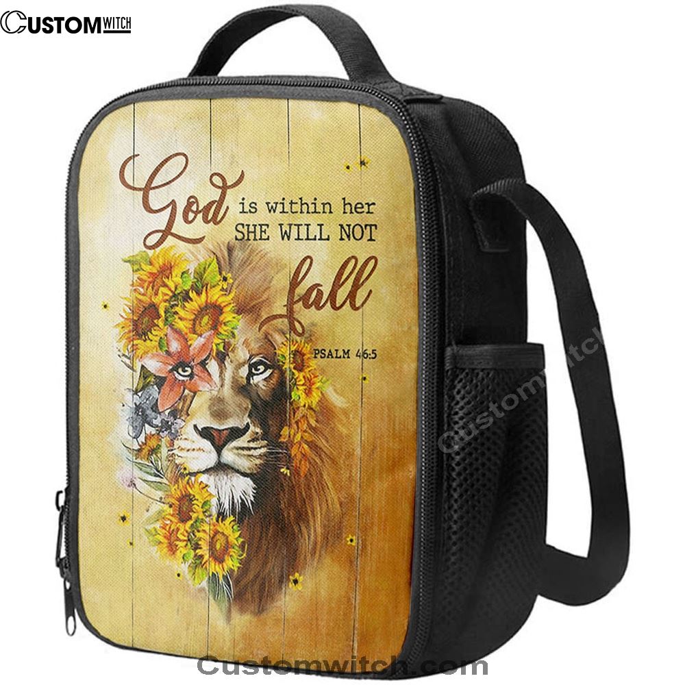 Lion Sunflower God Is Within Her She Will Not Fall Lunch Bag, Bible Verse Lunch Bag For Men And Women