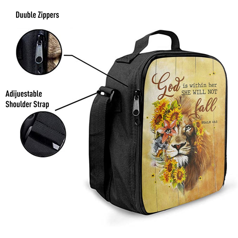 Lion Sunflower God Is Within Her She Will Not Fall Lunch Bag, Bible Verse Lunch Bag For Men And Women