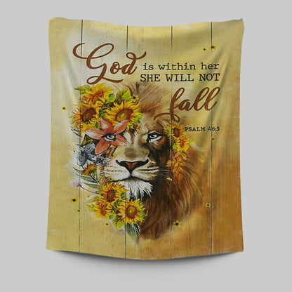 Lion Sunflower God Is Within Her She Will Not Fall Tapestry Wall Art - Christian Tapestries Prints - Bible Verse Tapestry Art