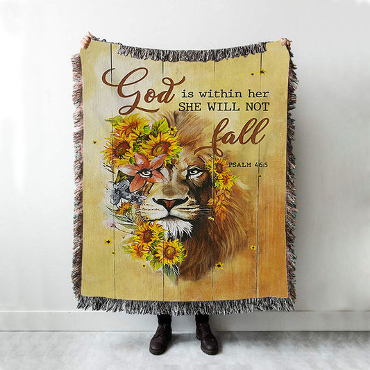 Lion Sunflower God Is Within Her She Will Not Fall Woven Throw Blanket - Christian Woven Blanket Prints - Bible Verse Woven Blanket Art