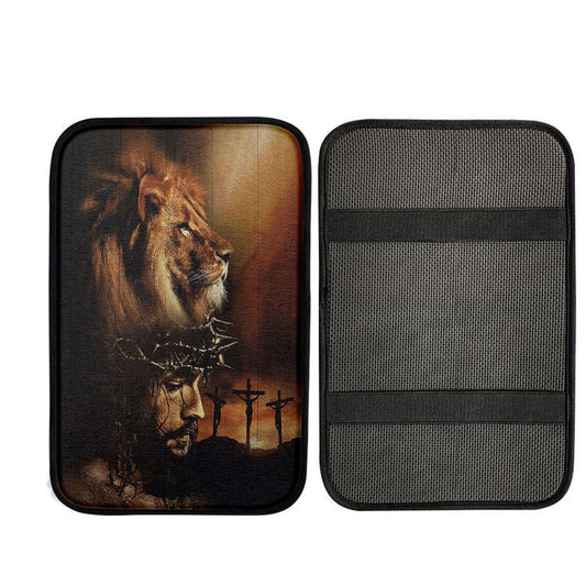 Lion The Face Of Jesus Crown Of Thorn Jesus Painting Car Center Console Cover, Religious Car Interior Accessories