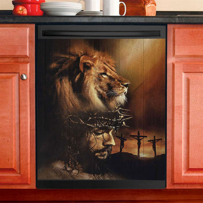 Lion The Face Of Jesus Crown Of Thorn Jesus Painting Dishwasher Cover, Christian Dishwasher Wrap, Bible Verse Kitchen Decoration