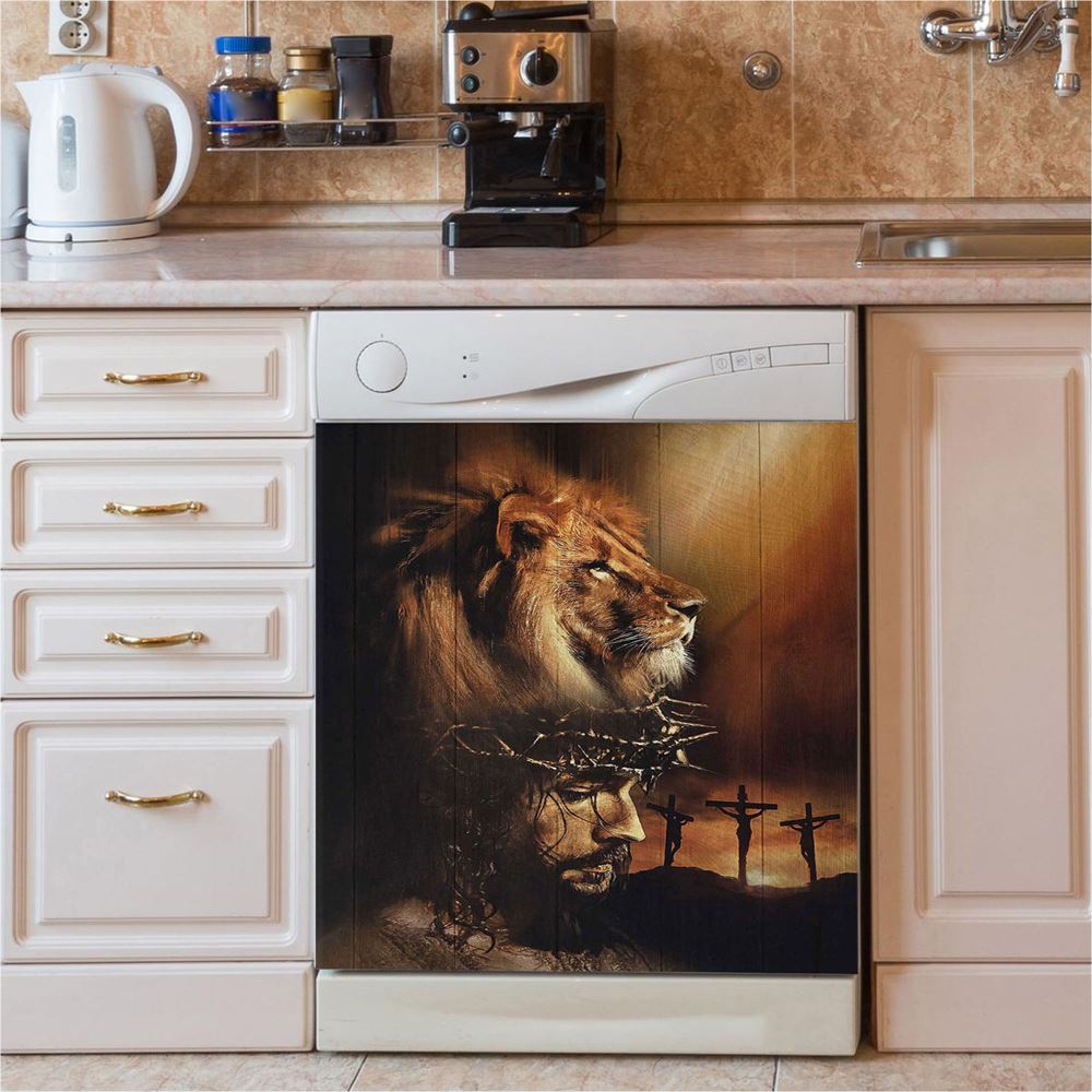 Lion The Face Of Jesus Crown Of Thorn Jesus Painting Dishwasher Cover, Christian Dishwasher Wrap, Bible Verse Kitchen Decoration