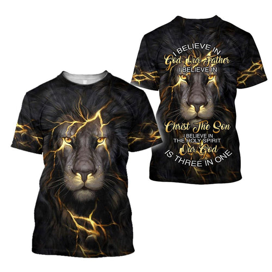 Lion Thunder I Beleive In God Our Father Jesus All Over Print 3D T Shirt For Men And Women, Christian T-Shirt, Faith Shirt