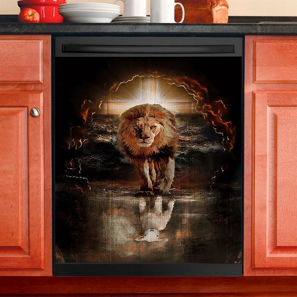 Lion White Lamb Cross On Tomb Dishwasher Cover, Christian Dishwasher Wrap, Religious Kitchen Decoration