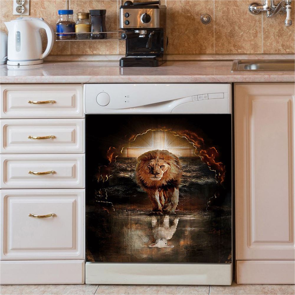 Lion White Lamb Cross On Tomb Dishwasher Cover, Christian Dishwasher Wrap, Religious Kitchen Decoration