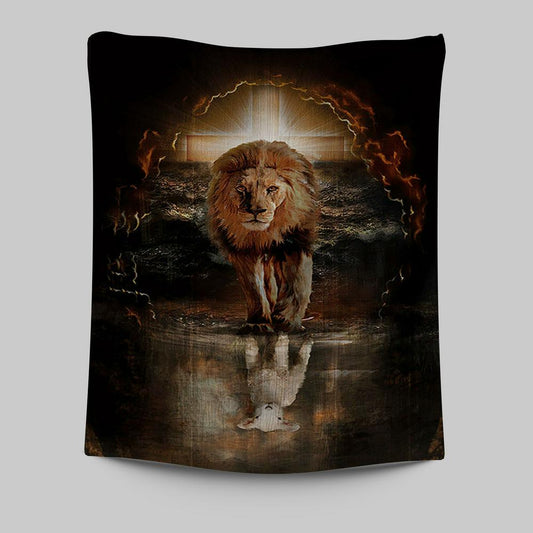 Lion White Lamb Cross On Tomb Tapestry - Christian Wall Art - Religious Home Decor