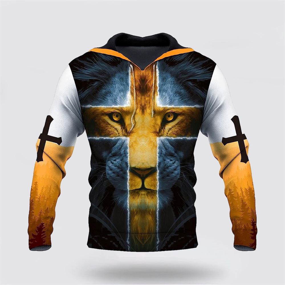 Lion Yellow Cross Jesus Is My God 3D Hoodies For Women Men, God 3D Printed Hoodie, Christian Apparel Hoodies