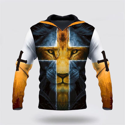 Lion Yellow Cross Jesus Is My God 3D Hoodies For Women Men, God 3D Printed Hoodie, Christian Apparel Hoodies