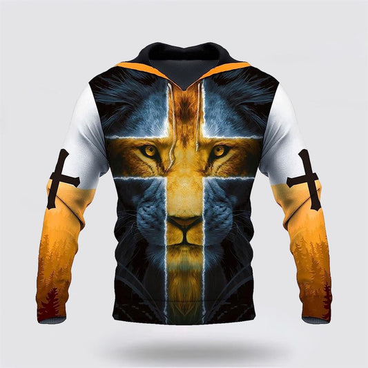 Lion Yellow Cross Jesus Is My God 3D Hoodies For Women Men, God 3D Printed Hoodie, Christian Apparel Hoodies