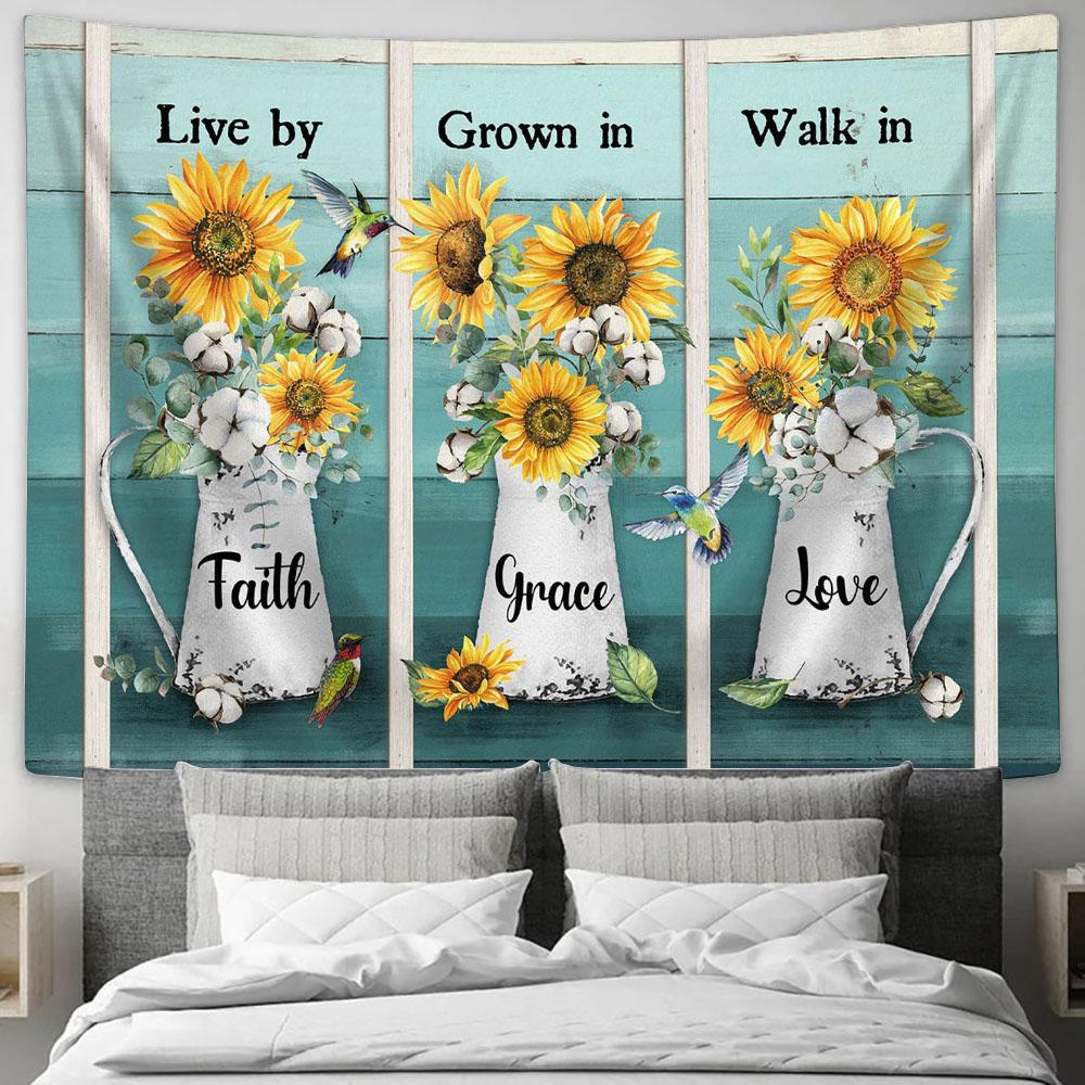Live By Faith Grown In Grace Sunflower Vase Hummingbird Tapestry Art - Bible Verse Wall Art - Wall Decor Christian