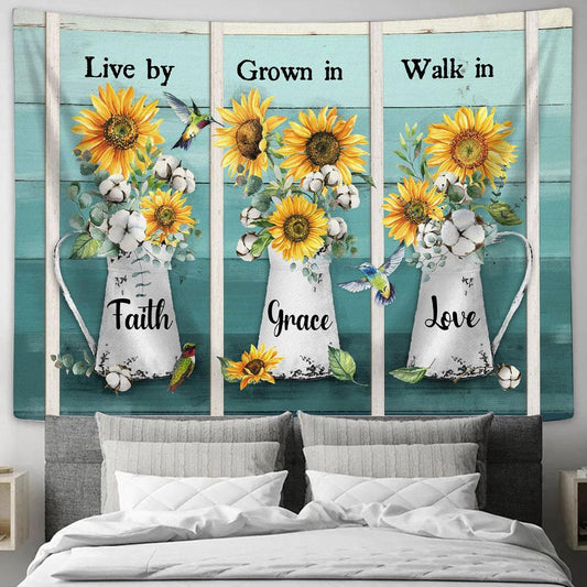 Live By Faith Grown In Grace Sunflower Vase Hummingbird Tapestry Art - Bible Verse Wall Art - Wall Decor Christian