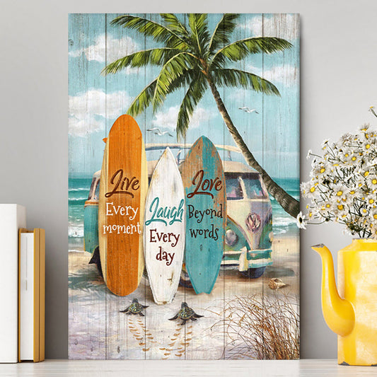 Live Every Moment Beach Little Sea Turtle Surfboard Canvas Wall Art - Christian Canvas Prints - Bible Verse Canvas Art