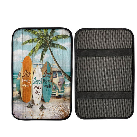 Live Every Moment Beach Little Sea Turtle Surfboard Car Center Console Cover, Christian Gift Car Armrest Pad