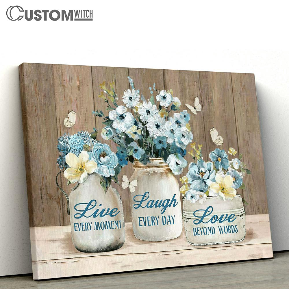 Live Every Moment Laugh Every Day Pastel Flower Blue Butterfly Canvas Art - Christian Wall Art Decor - Bible Verse Canvas