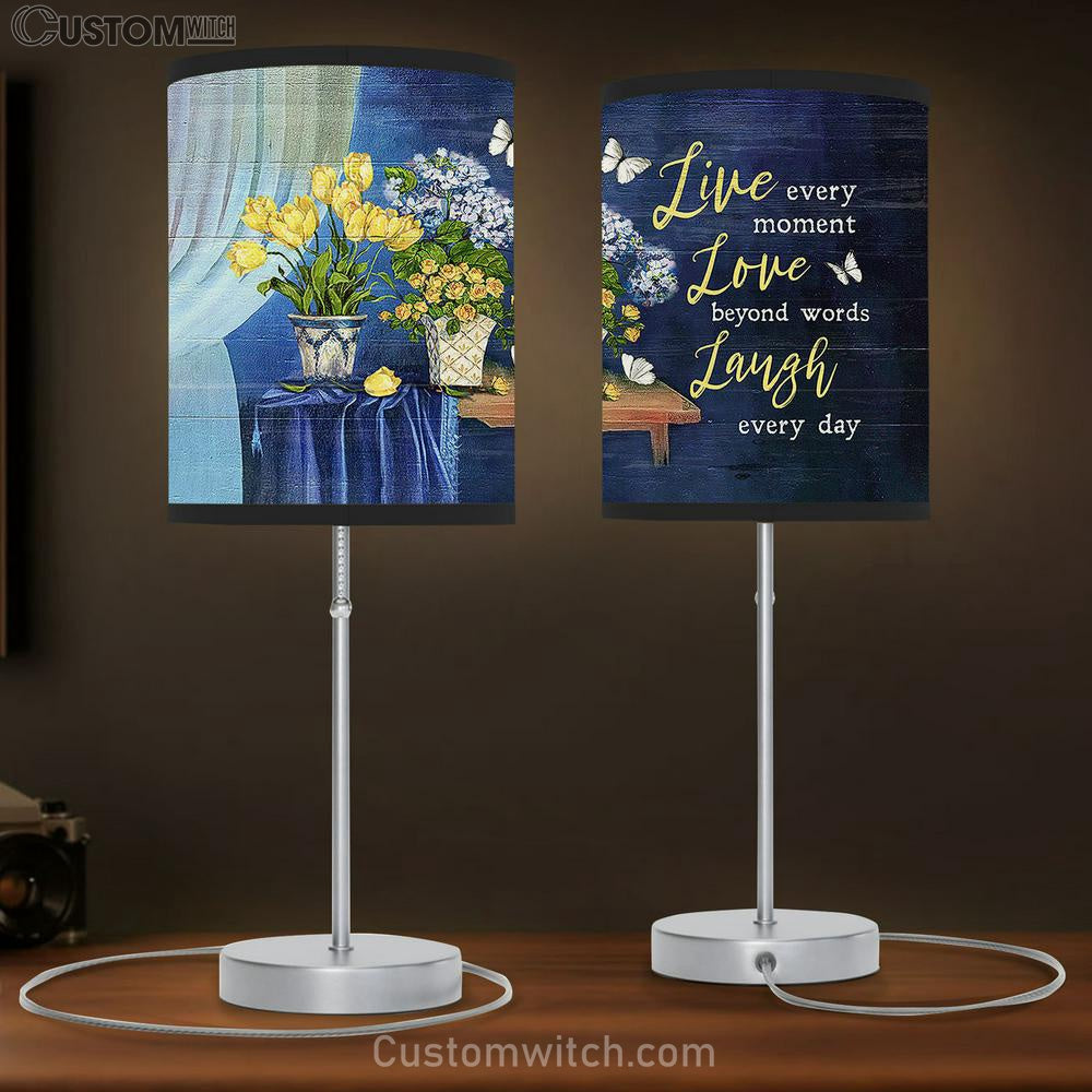 Live Every Moment Love Beyond Words Laugh Every Day Yellow Rose Hydrangea Table Lamb Art - Bible Verse Lamb Gift - Christian Bedroom Decor
