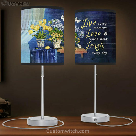Live Every Moment Love Beyond Words Laugh Every Day Yellow Rose Hydrangea Table Lamb Art - Bible Verse Lamb Gift - Christian Bedroom Decor